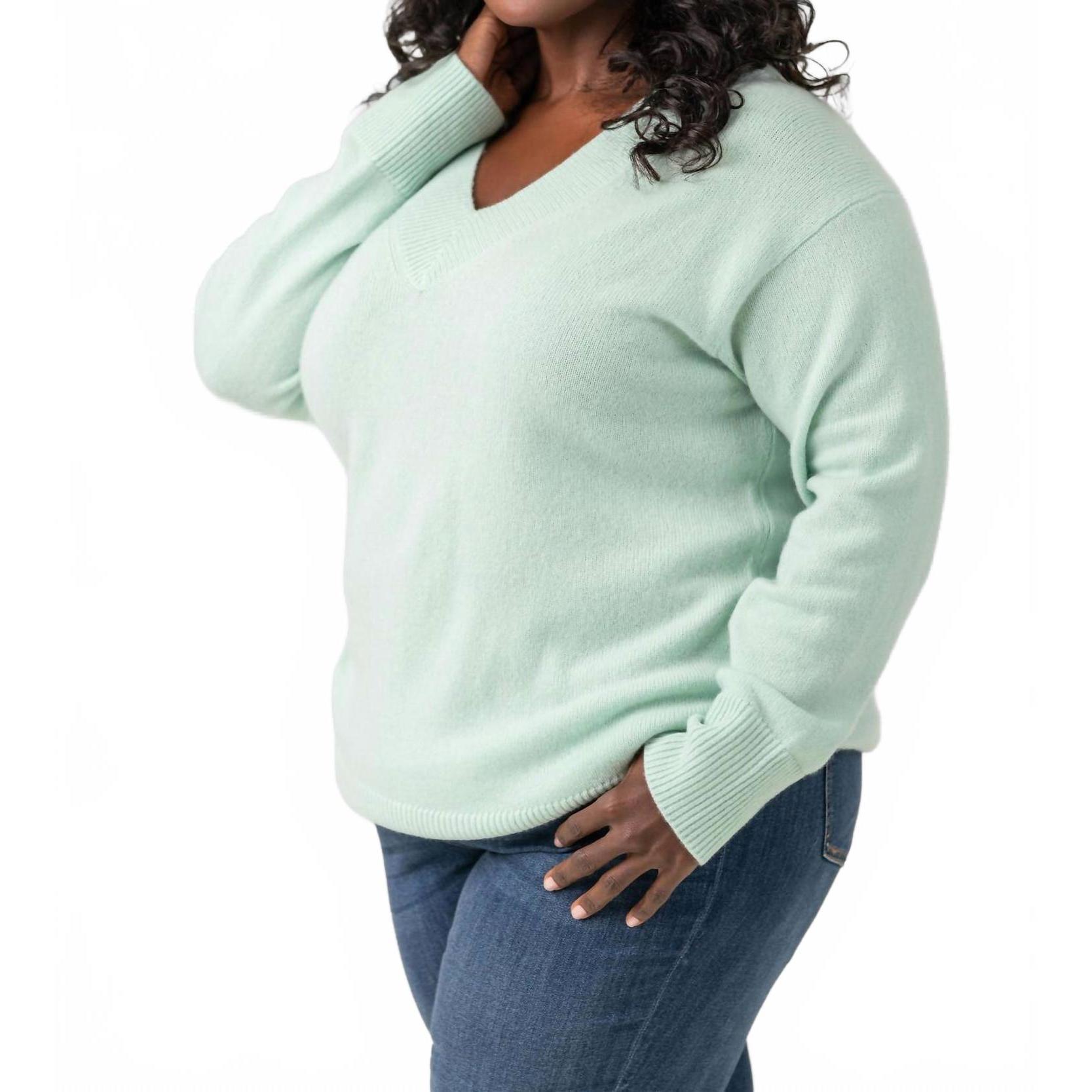 New Vince Rib Trim V-Neck Sweater - Plus Size In Fluorite